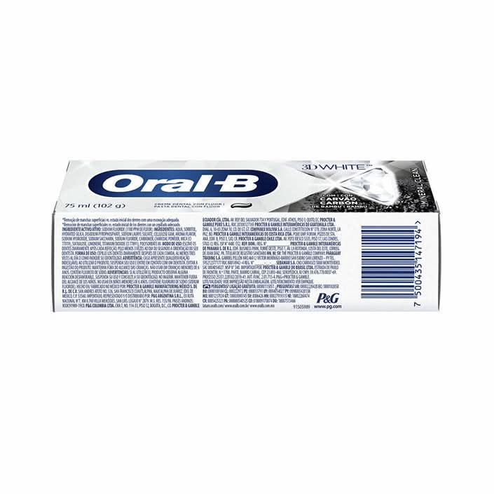 Oral-B 3D White Mineral Clean Con Carbón Pasta Dental Con Flúor 75 ml
