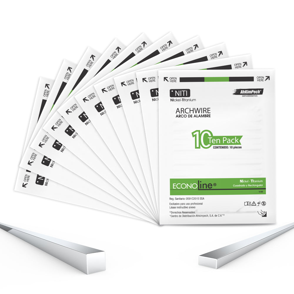 Combo de 10 paquetes (5 paquetes upper + 5 paquetes lower) Arcos Rectangular / Cuadrado NiTi Econoline (100 pzs)