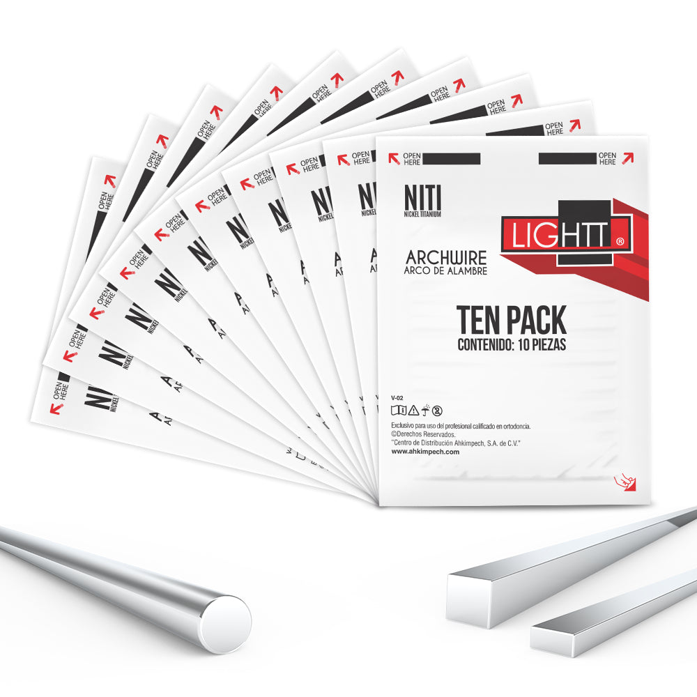 Combo de 10 paquetes (5 paquetes upper + 5 paquetes lower) Arcos NiTi  Lightt  (100 pzs)