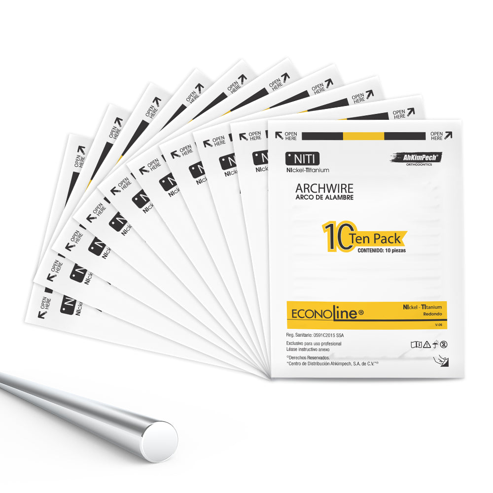 Combo de 10 paquetes (5 paquetes upper + 5 paquetes lower) Arcos Redondos NiTi  Econoline (100 pzs)