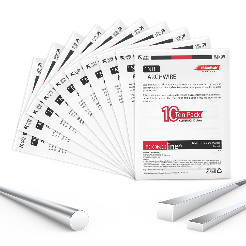 Combo de 10 paquetes (5 paquetes upper + 5 paquetes lower) Arcos Térmico  NiTi Econoline (100 pzs)
